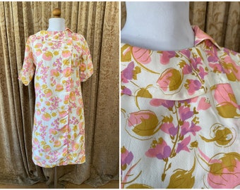 60s Mod Dress 3/4 Sleeve Floral Vintage Dress Handmade with Asymmetrical Collar Pink, Gold, Off White, Knee Length Small