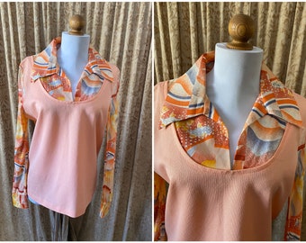 1970's Vintage Peach Polyester Knit Shirt/Long Sleeves/Dagger Collar Faux Vest Fish & Bird Design Large to XL