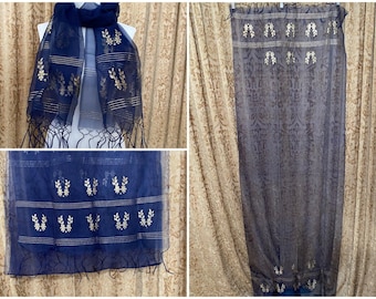 Sheer Silk Organza Large Scarf Shawl Dupatta STOLE SCARF Navy Blue Gold Metallic