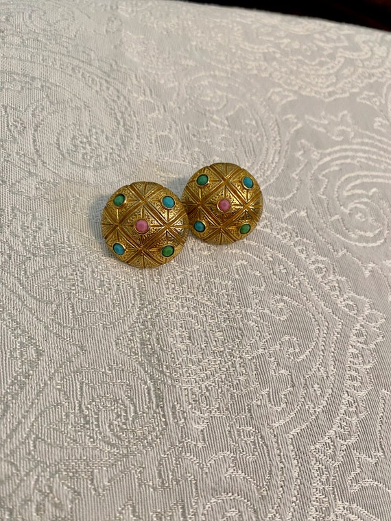 Signed Castlecliff Earrings Clip On Gold Turquois… - image 7