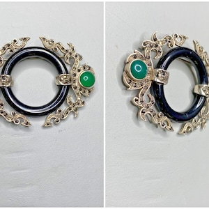 French Art Deco Sterling Silver Marcasite With Onyx & Emeralds Pin Brooch