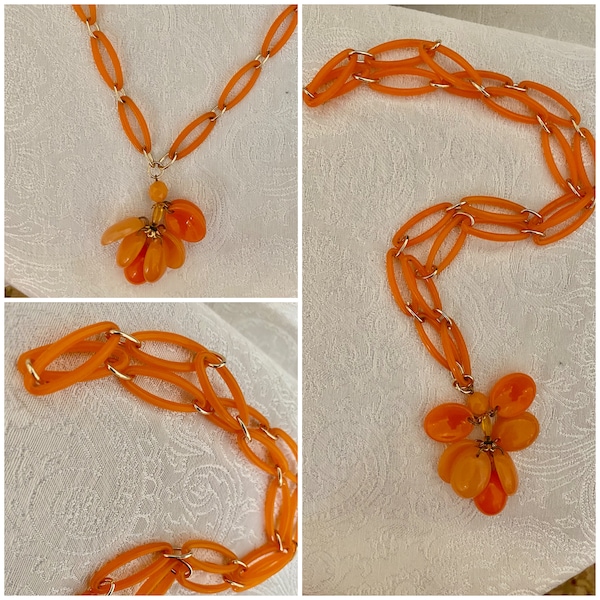 Mod Lucite Chain and Pendant Orange 1960s with Gold Chain Links