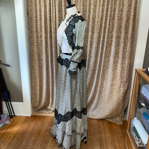 Late Victorian to Edwardian Bodice and Skirt Silk Sage Geometric Pattern with Black Lace and Satin Ribbon Detail