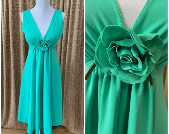 Vintage 1970's Dress Teal Green 70's Goddess Midi 3D Floral Detail Plunging  V