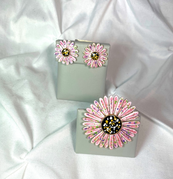 60's Flower Brooch and Earrings Vintage Mod Flowe… - image 1