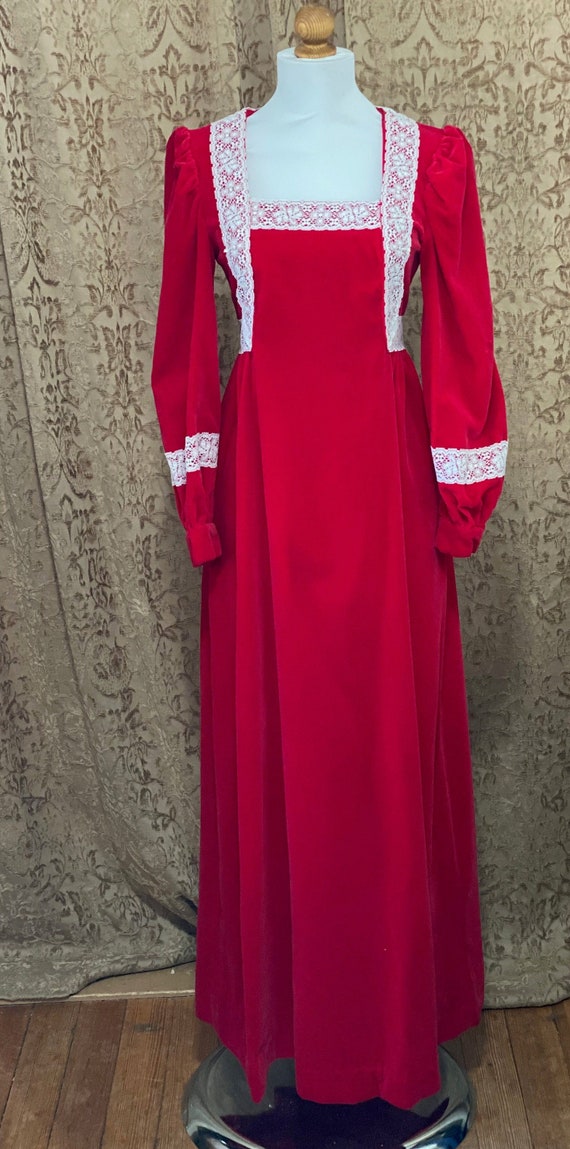 Vintage Red Velvet Dress Victorian Prairie White … - image 1