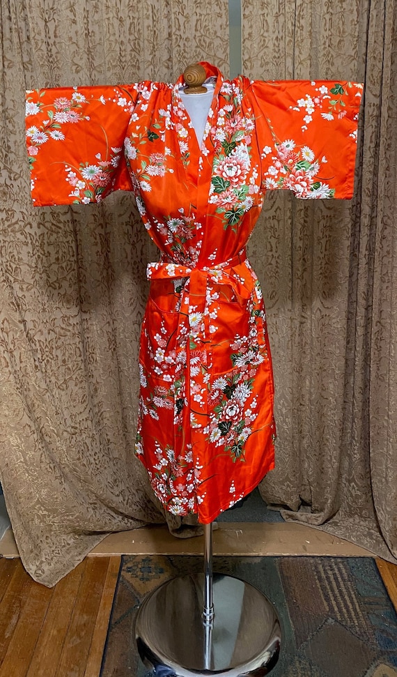 Vintage Japanese Kimono with Orange Floral Design 