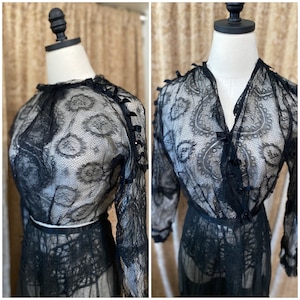 Antique Edwardian 1910s 1900s Black Intricate Lace Vintage Lawn Blouse