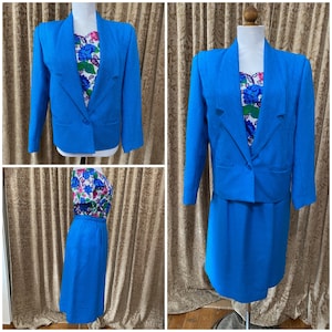 Vintage 80s Does 40s Turquoise Linen Boucle Suit 10 UK