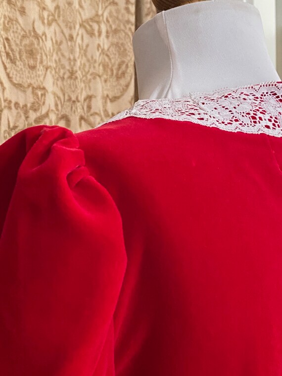 Vintage Red Velvet Dress Victorian Prairie White … - image 5