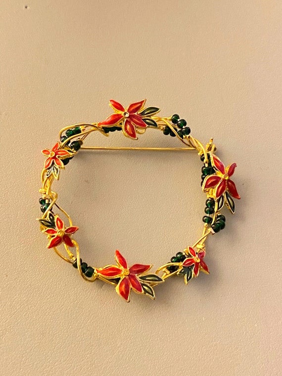 Christmas Wreath Brooch Vintage Beaded Poinsettia 