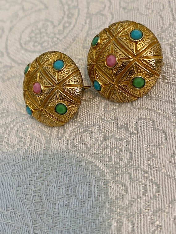 Signed Castlecliff Earrings Clip On Gold Turquois… - image 9