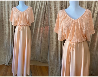 Vintage Orange Creamsicle Maxi Dress Crochet Top 1970s Peach Goddess Boho Small