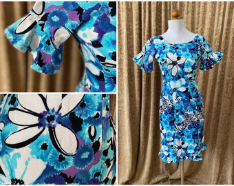 Vintage 60s Graphic Floral Print Barkcloth Mini Dress ~ Hawaiian Flowers ~ Lauhala Hawaii Blue Black White XS