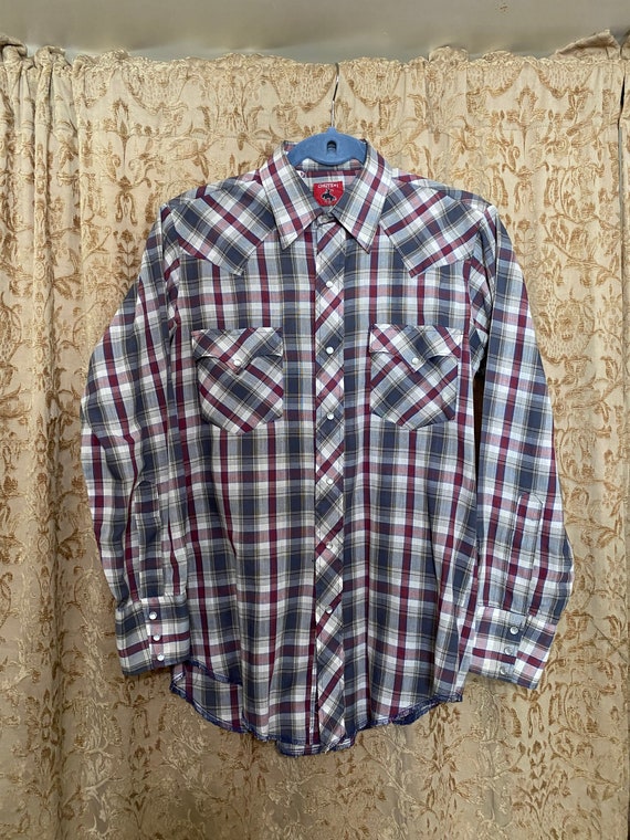 Western Shirt Long Sleeve Vintage 80s Plaid Oxfor… - image 2