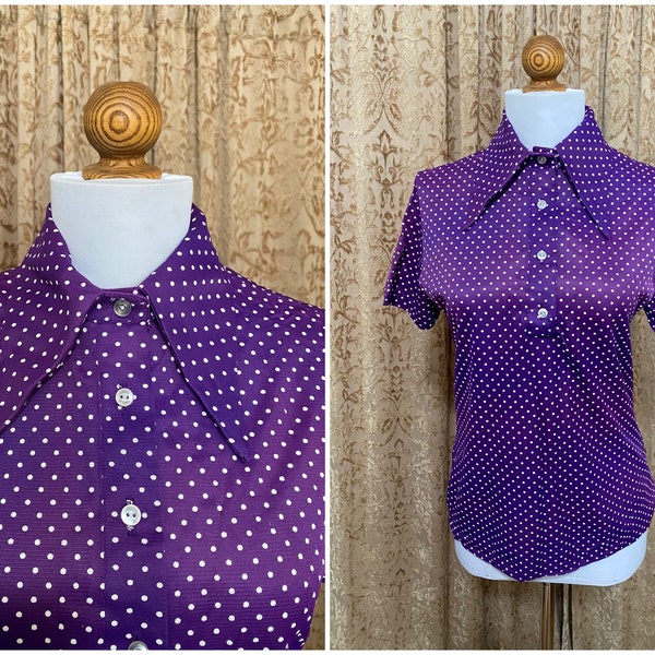 Purple 70s Barrymore Collar Short Sleeve Shirt Polka Dots