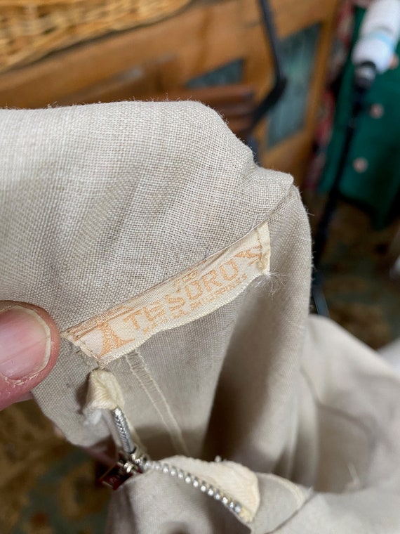 Vintage Mod Shift Dress Hand Embroidered Beige Sh… - image 4