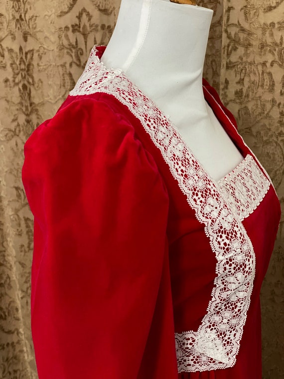 Vintage Red Velvet Dress Victorian Prairie White … - image 6