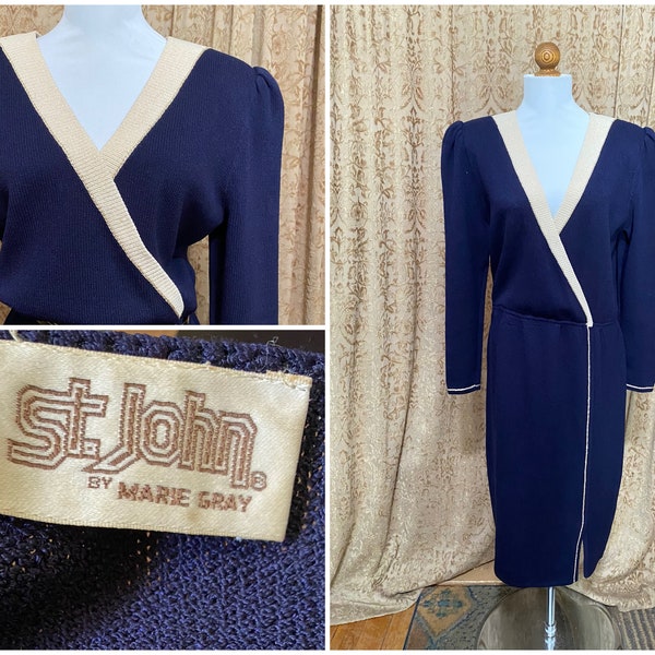St. John by Marie Gray Navy Blue Knit Dress Vintage 80s Size 12 Large