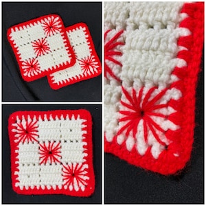 Two Vintage Crocheted Pot Holders Handmade Red White Starburst