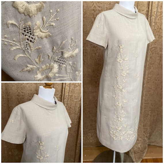 Vintage Mod Shift Dress Hand Embroidered Beige Sh… - image 1