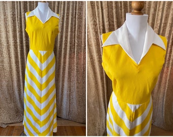 1970s Yellow Maxi Dress - Walking on Sunshine Chevron Stripe Small to Medium