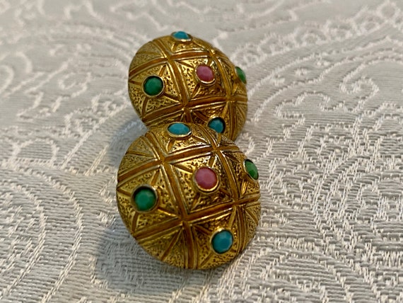 Signed Castlecliff Earrings Clip On Gold Turquois… - image 5