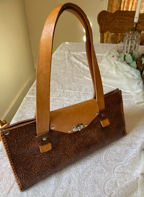 Vin Baker Two Tone Tooled Leather Handbag Vintage