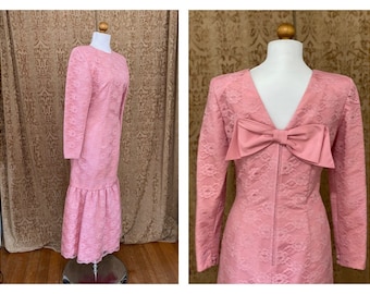 Vintage Formal Dress Pink Floral Lace over Taffeta Gown, Prom, Pretty in Pink