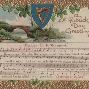 Download digital de cartão postal antigo, dia de São Patrício, Cromwell Bridge Glengarriff, partitura de "The Dear Little Shamrock"