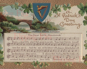 Digital Download of Antique Postcard, St. Patrick&#39;s Day, Cromwell Bridge Glengarriff, sheet music of &quot;The Dear Little Shamrock&quot;