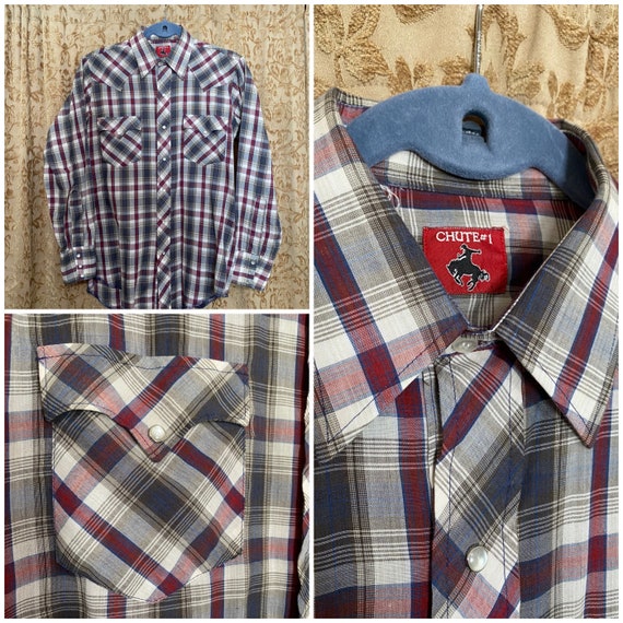 Western Shirt Long Sleeve Vintage 80s Plaid Oxfor… - image 1