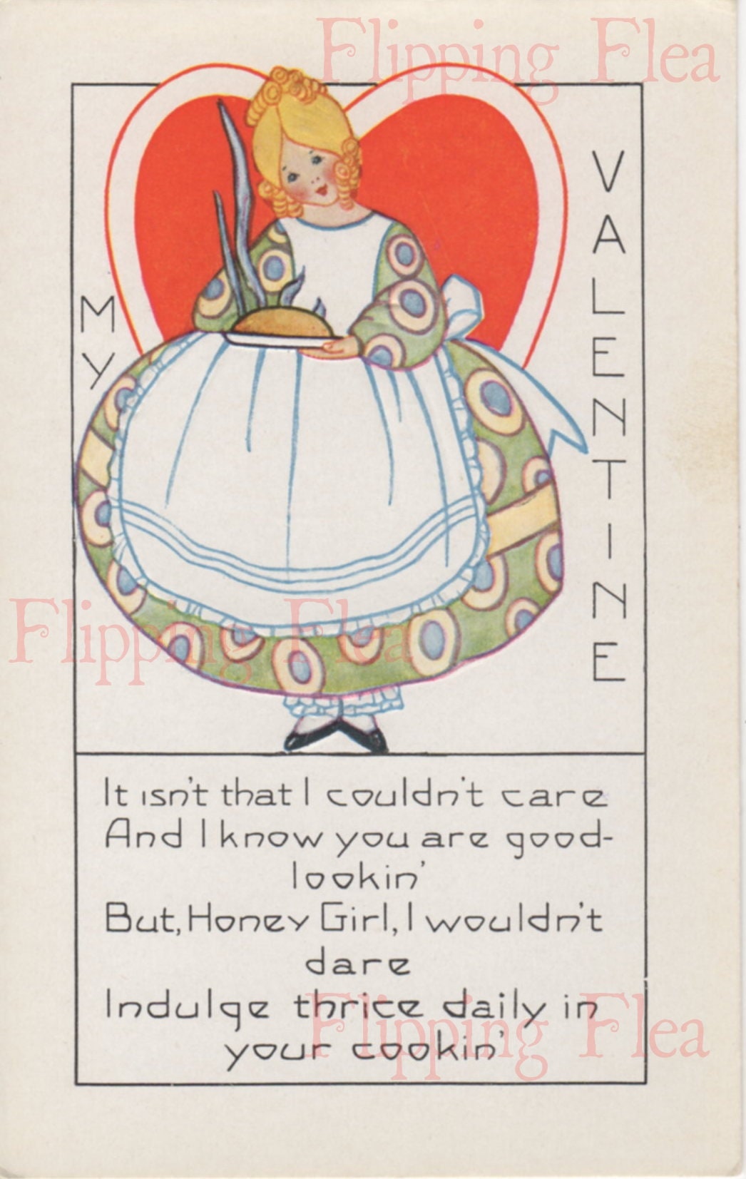 Digital Download of Antique Valentine Postcard Victorian woman holding baked bread, in dress over cage crinoline, in front of heart