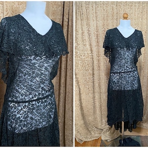 Vintage Sheer Black Lace Dress 20s to 30s Capelet Asymmetrical Hem Dress Small XS