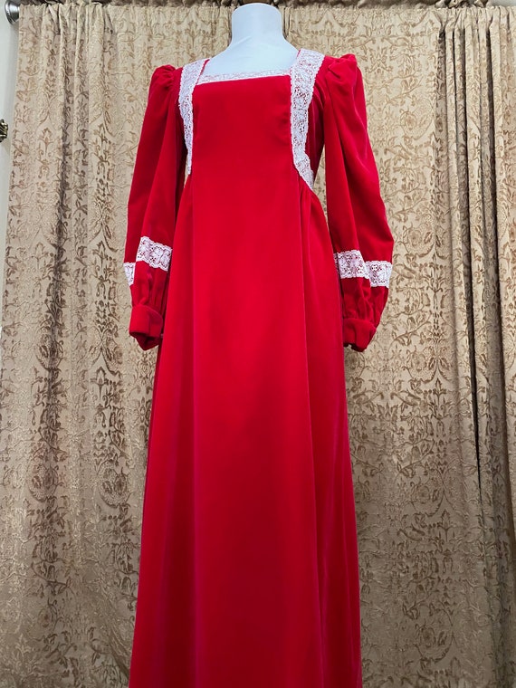 Vintage Red Velvet Dress Victorian Prairie White … - image 7