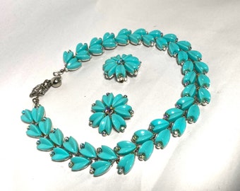 Signed KRAMER Midcentury Necklace and Earrings Turquoise Blue