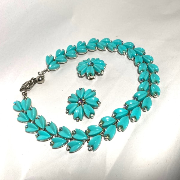 Signed KRAMER Midcentury Necklace and Earrings Turquoise Blue