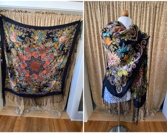 Vintage 1970s Tassel Shawl - Traditional Scarf - Wrap Colorful Floral Design against Black Background Ukrainian Traditional Wrap