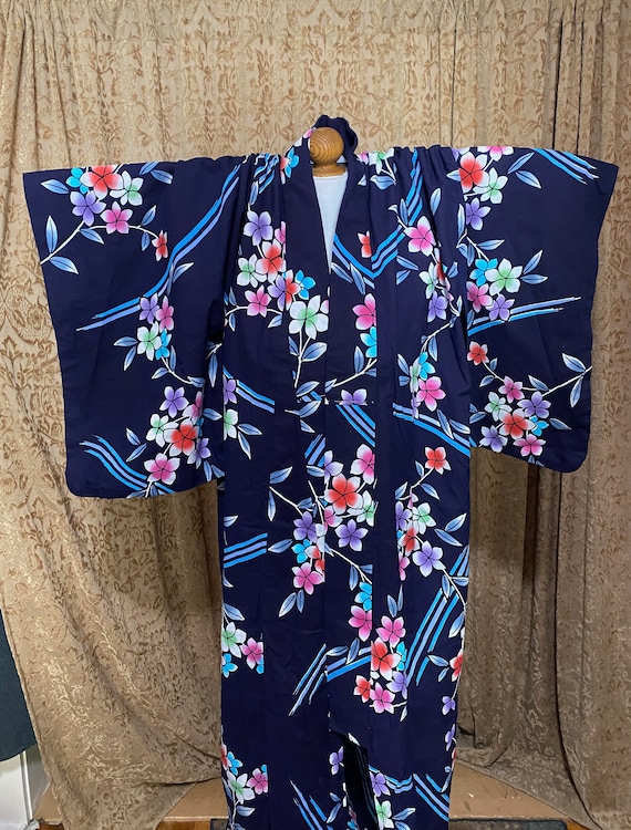 Japanese Yukata, Kimono in Navy Blue with Multicol