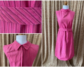 60s Pink Linen Belted Shift Dress by Lapanto Handwoven Striped True Vintage Small Medium