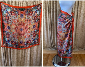 Vintage Silk Scarf Paisley Floral Leaf Pattern in Rich Shades of Orange, Turquoise, Sage, Blue Large