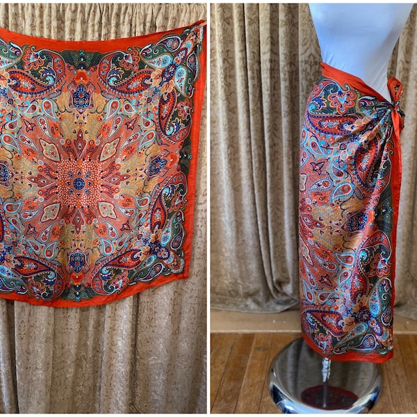 Vintage Silk Scarf Paisley Floral Leaf Pattern in Rich Shades of Orange, Turquoise, Sage, Blue Large