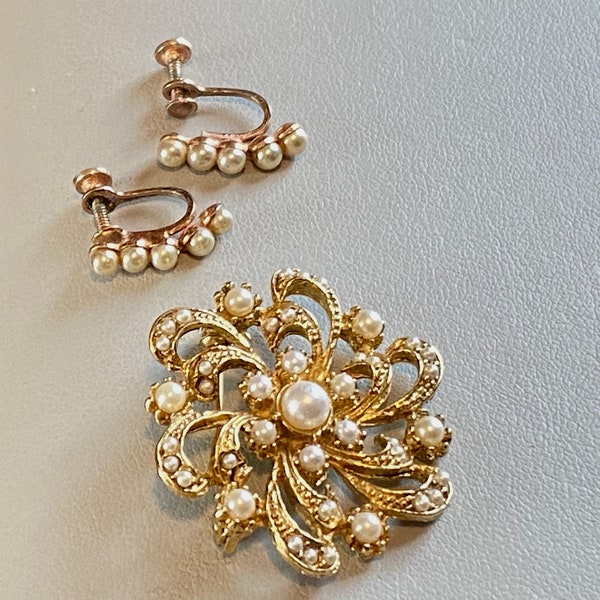 Gold Seed Pearl Brooch Set Earrings Floral Motif