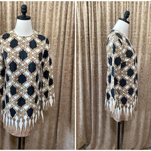 Vintage 1960s Mr. Dino Dress, 60s Chain and Tasels Designer Sheath, Mini Dress Medium to Large