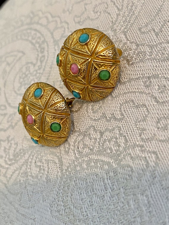 Signed Castlecliff Earrings Clip On Gold Turquois… - image 3