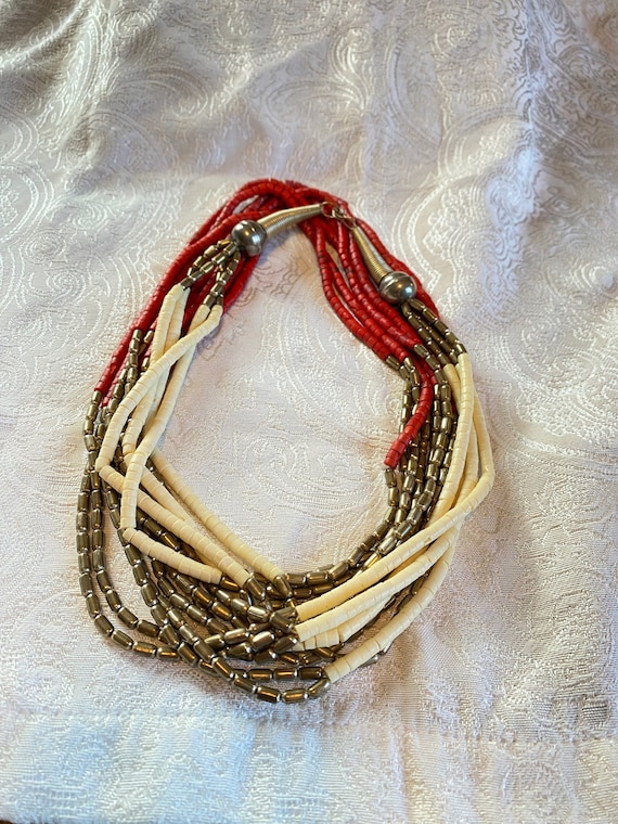 Vintage Multi Strand Tribal Necklace White, Red Si