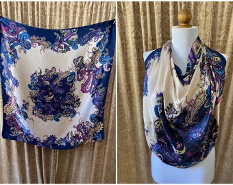 Vintage Satin Scarf Paisley Floral Leaf Pattern in Rich Shades of Blue, Champaign, Yellow, Pink, and Purple Wrap Kerchief
