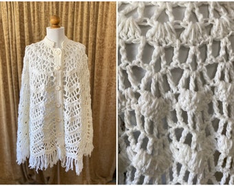1960s White Crochet Cape Shawl Handmade Mod Hippie