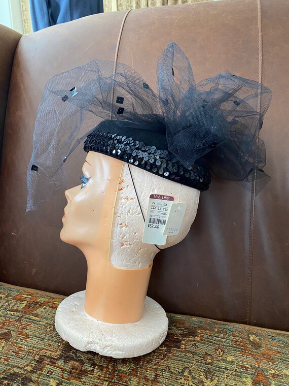 Vintage Pillbox Hat Tulle Netting Sequin Vintage … - image 7