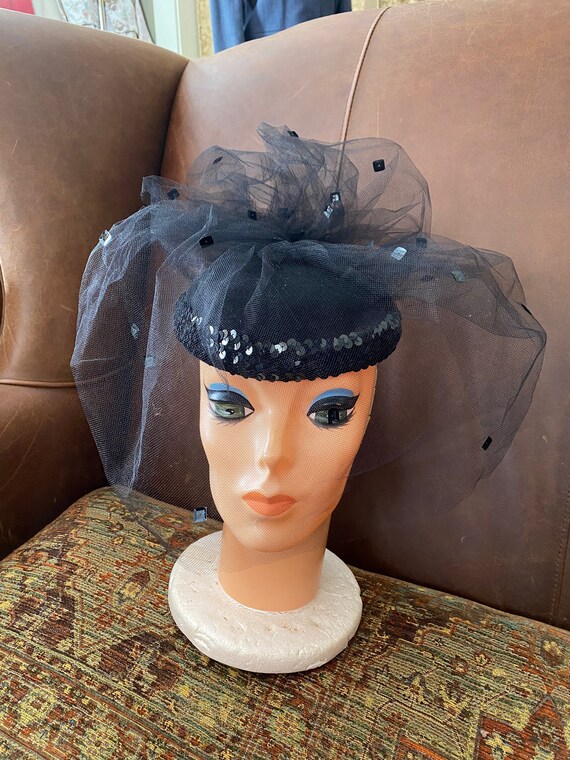 Vintage Pillbox Hat Tulle Netting Sequin Vintage … - image 1